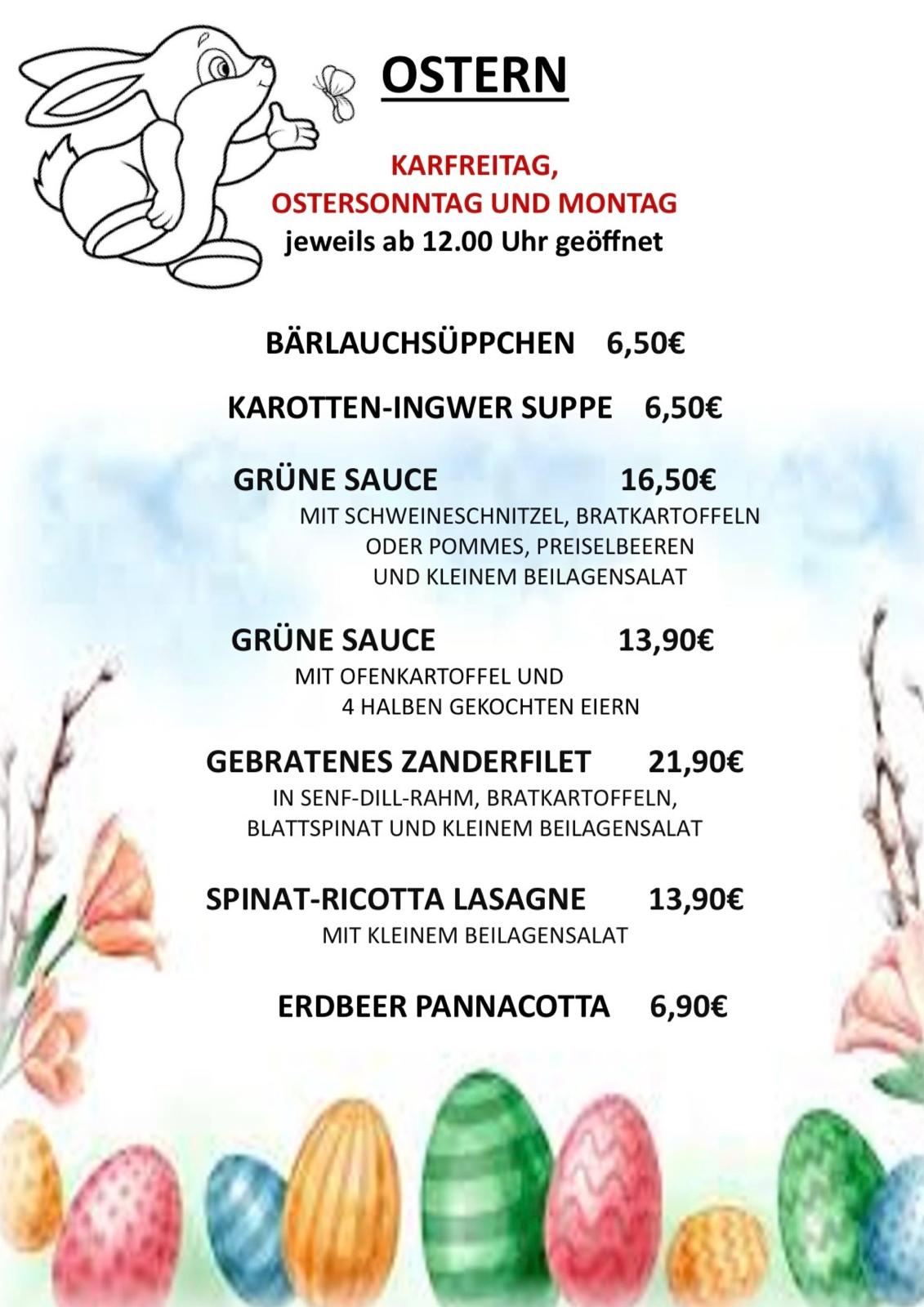 Ostern Speisekarte — Bärlauchsüppchen, Grüne Sauce, Zanderfilet, Spinat-Ricotta Lasagne, Erdbeer Pannacotta