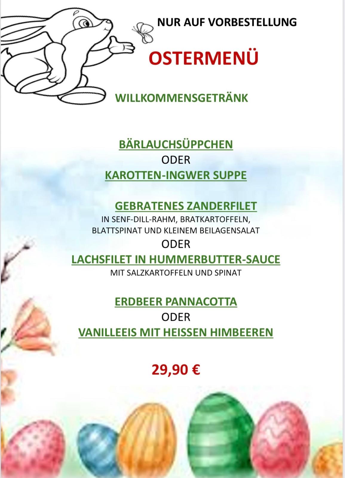 Ostermenü auf Vorbestellung — 3-Gänge-Menü mit Bärlauchsüppchen, Zanderfilet oder Lachsfilet, Erdbeer Pannacotta für 29,90€